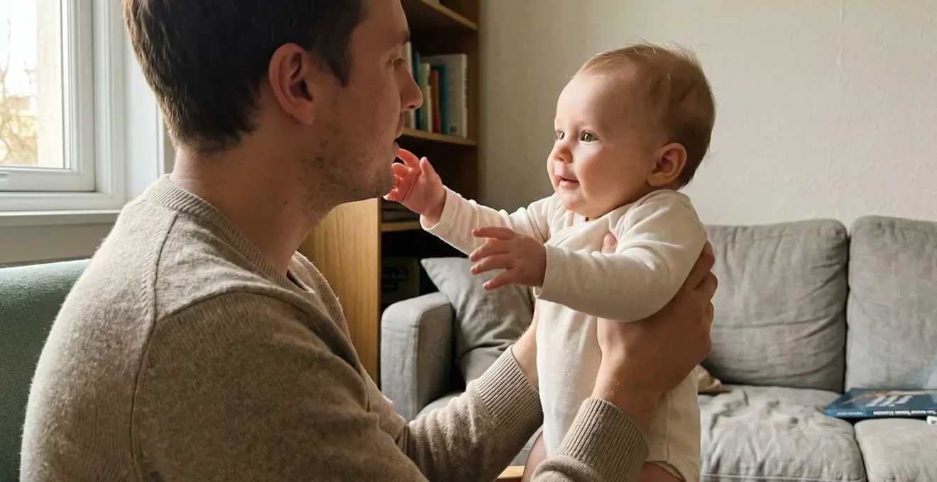 Parent tenant un nourrisson face à lui dans un moment d'interaction tendre, lumière naturelle douce, environnement minimaliste